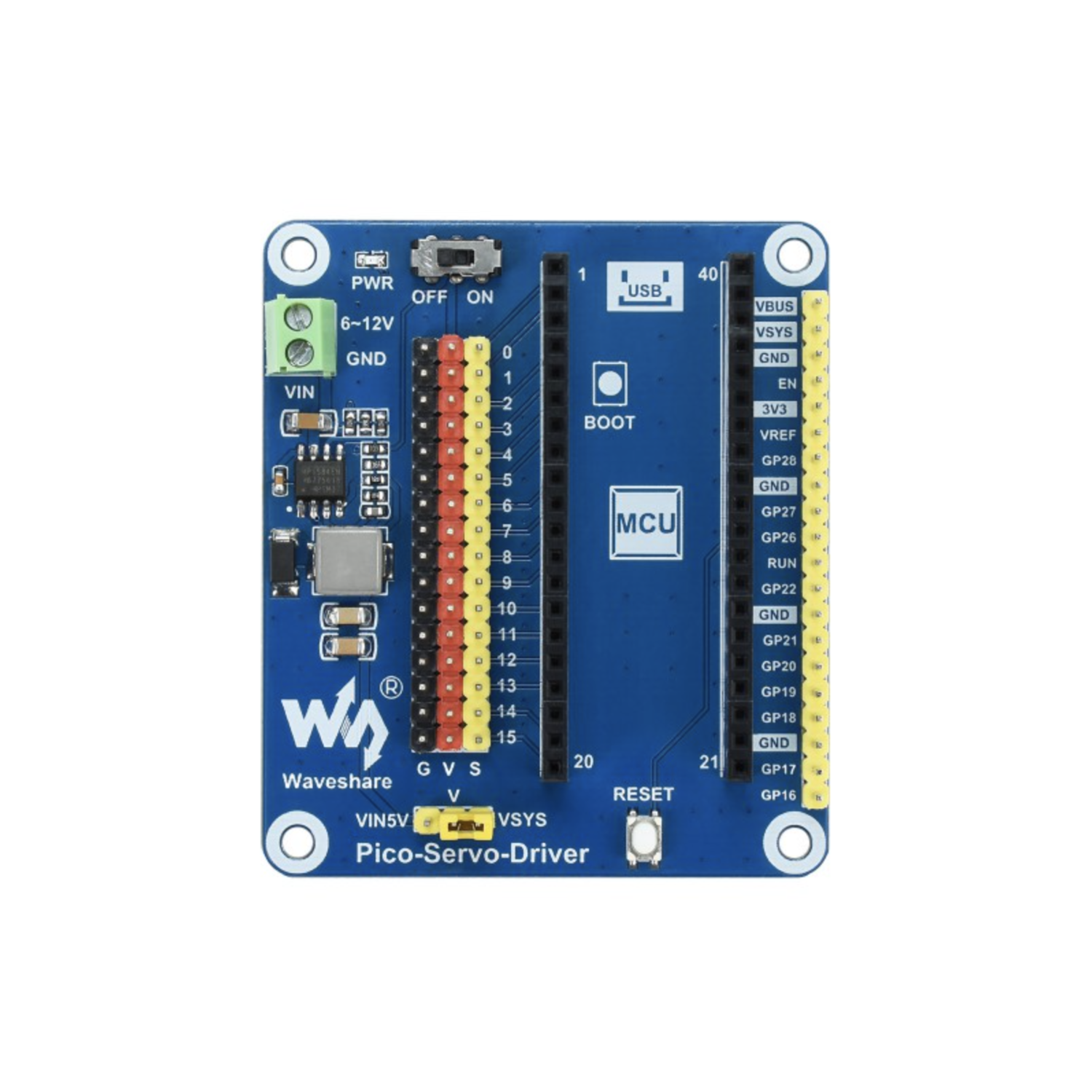 Servo Driver Module for Raspberry Pi Pico, 16-ch Outputs, 16-bit Resolution
