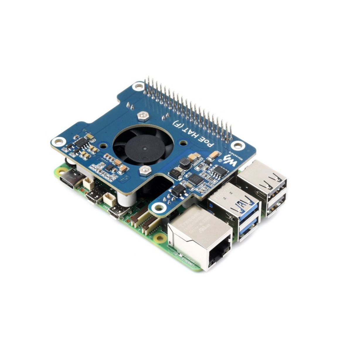 Power Over Ethernet HAT (F) For Raspberry Pi 5, High Power, Onboard Cooling Fan, With Metal Heatsink, Supports 802.3af/at network standard