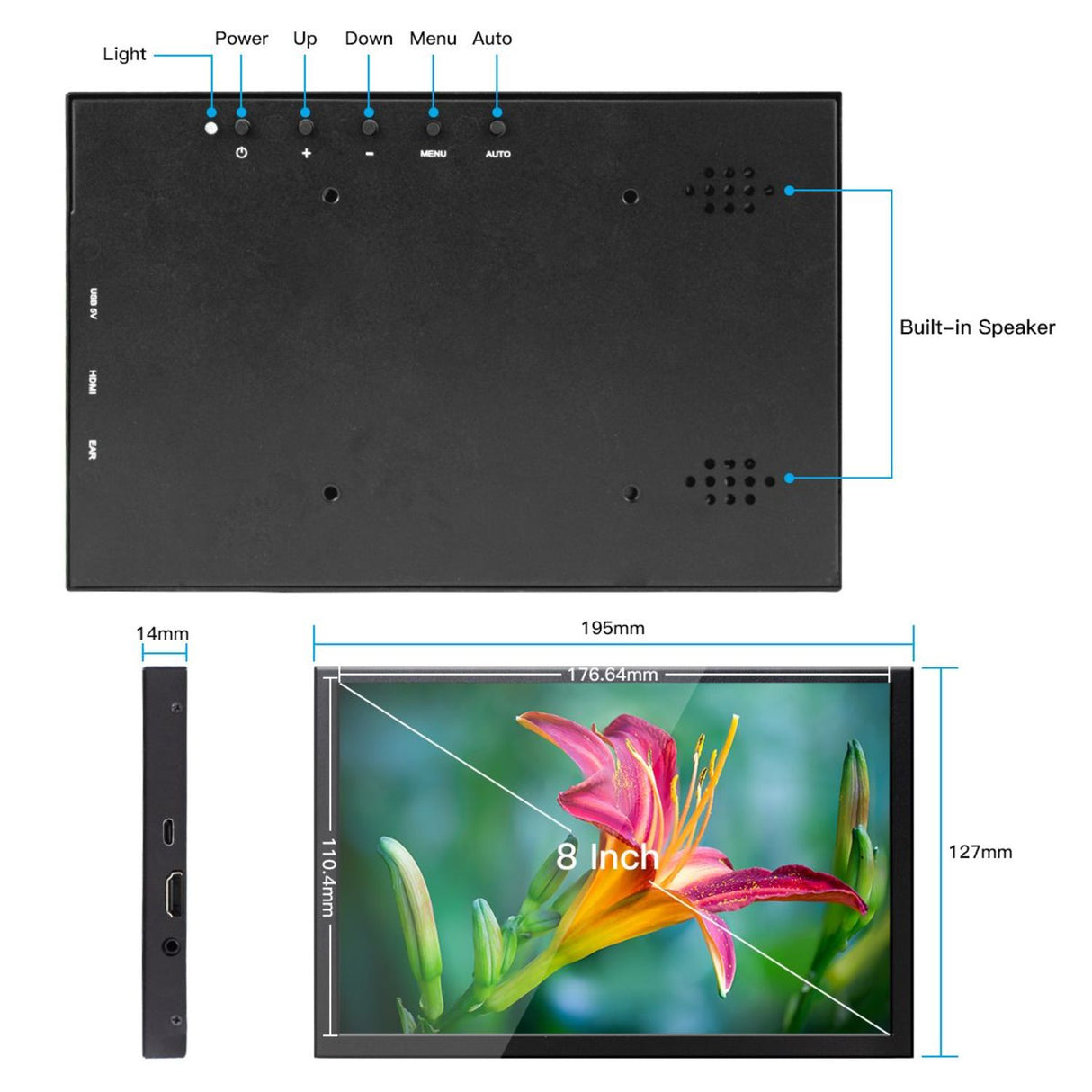 8 Inch Mini HDMI Portable LCD Display 1280x800 Resolution Monitor Built in Speakers
